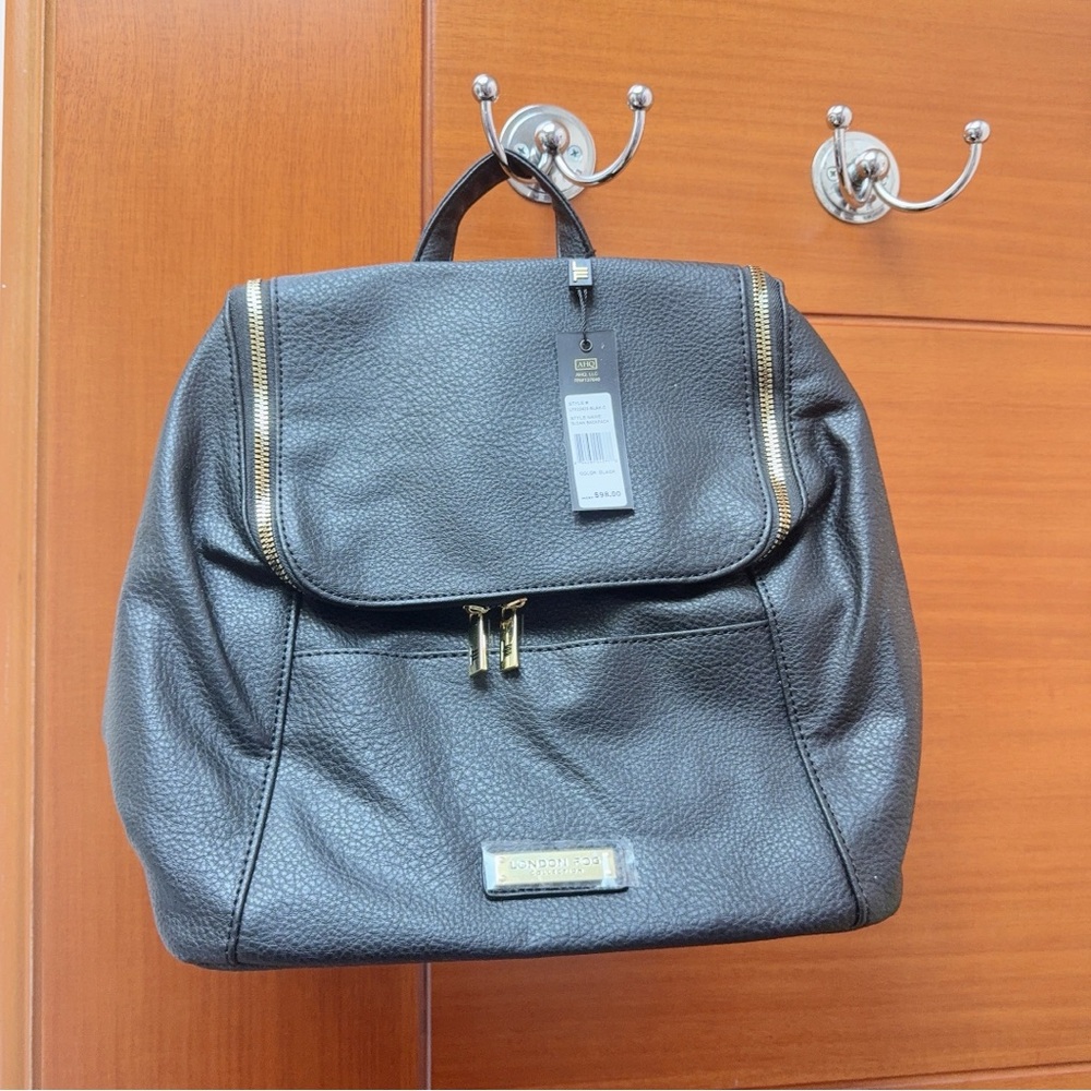 London Fog Black Leather Backpack with Gold Details